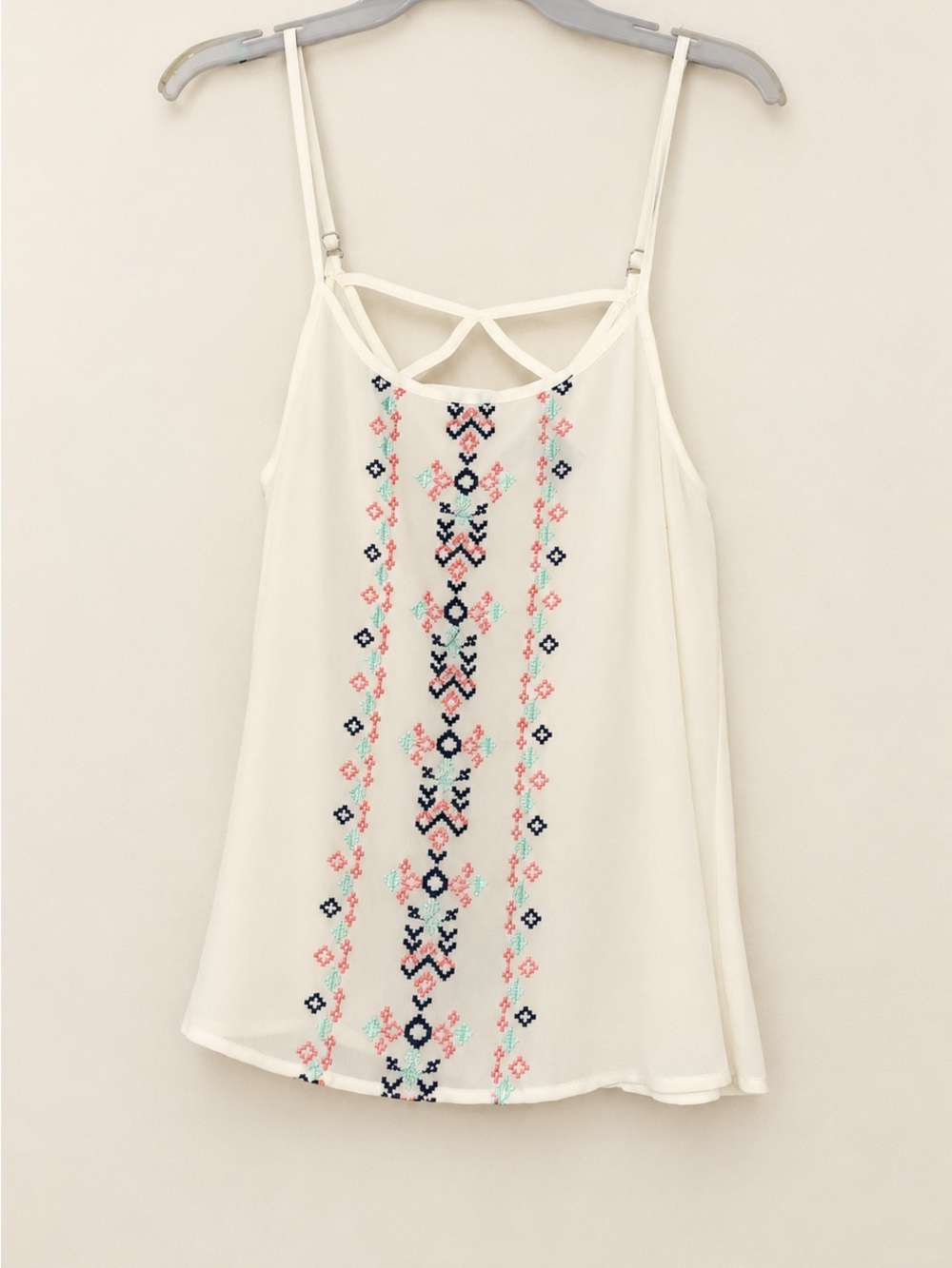 Rue21 Cream Cami with Pink, Blue & Teal Embroidery